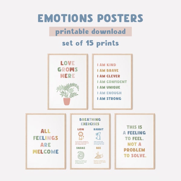 Emotions Posters, Bundle of 15 prints, Classroom Decor, Playroom Decor, Therapy Office Decor, School Psychologist, Digital Download