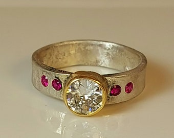 Large Moissanite and Ruby Ring, Moissanite Engagement Ring, Ruby and Moissanite Multistone Ring