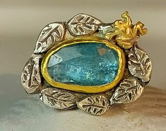 RESERVED FOR SHARONAquamarine and  22 kt Gold Statement Ring, Silver , Gold and Aquamarine Solitaire Ring, , Golden Frog Aqua Whimsical Ring