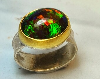 Opal Solitaire Ring, Large Black Opal  Statement Ring, Silver, 22 kt  gold  and  Opal ring, Natural Opal ring