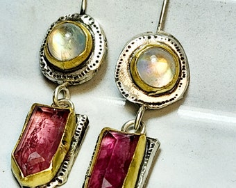 RESERVED FOR SHARON,Rainbow Moonstone and Pink Tourmaline  Dangle Earrings, 22 kt gold, Silver and Gemstone Boho Style