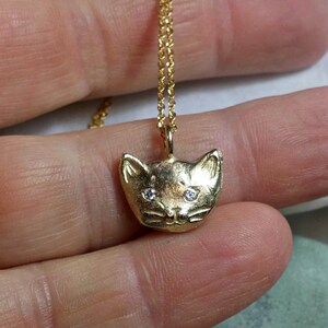 Solid 14 kt yellow gold and diamond cat necklace, gold and Diamond kitty pendant, birthstone necklace image 3