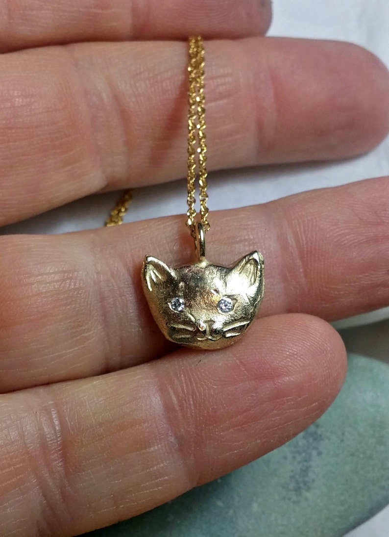 Solid 14 kt yellow gold and diamond cat necklace, gold and Diamond kitty pendant, birthstone necklace image 3