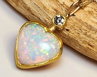 Opal and Diamond Heart Gold Pendant, Flashy Opal,,  22 kt Gold and Diamond Necklace, Opal Jewelry, Heart Jewelry