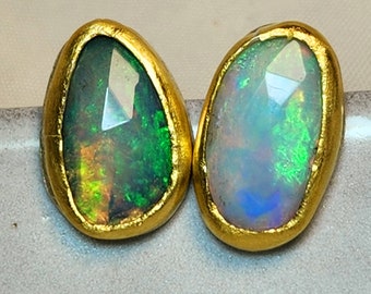 Opal and 22kt Gold Stud Earrings, Large Opal Post Earrings,  Silver, 22 kt Gold and Opal Earrings