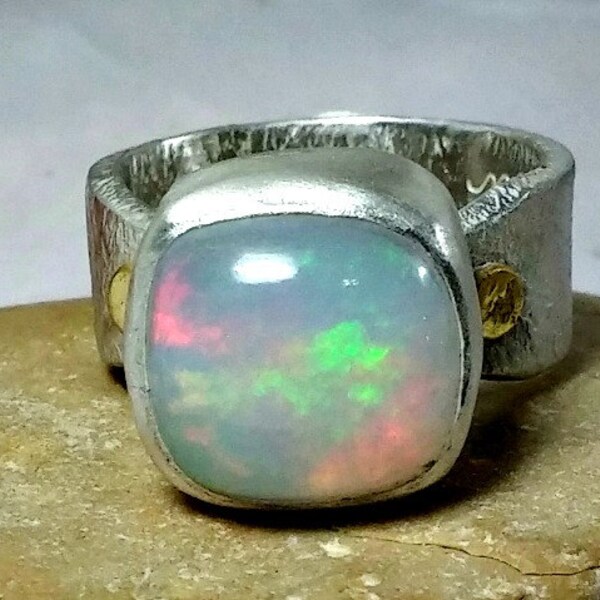 8 Carat Opal Gemstone ring, silver, yellow gold  and  Ethiopian opal ring, sterling and Welo opal ring