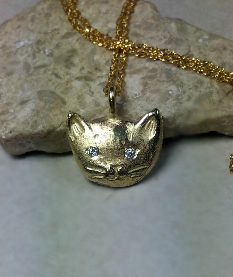 Solid 14 kt yellow gold and diamond cat necklace, gold and Diamond kitty pendant, birthstone necklace image 4