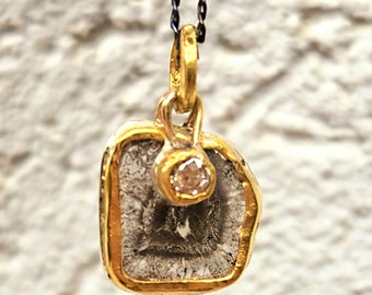 Diamond Slice Charm Pendant,  24 kt Gold and Diamond Necklace, Double Diamond Charm Necklace