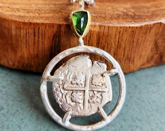 Antique coin Pendant, Pirate coin Silver and 22 kt Gold Necklace, Ancient coin jewelry, Green tourmaline and Coin Pendant