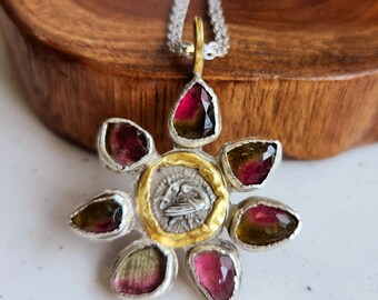 Ancient Greek Coin Pendant , Silver, 22 kt Gold, and Watrmelon Tourmaline Necklace , Gemstone Coin Pendant, Ancient Coin Jewelry