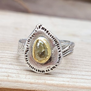 Cognac Rose Cut Diamond Solitaire Ring, Heart Shaped Diamond, 22 kt gold and Silver Boho style ring