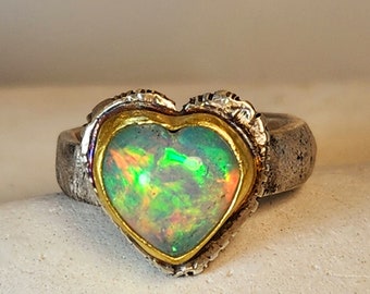 RESERVED FOR SUE,Large  Opal  Heart Solitaire Ring,   Opal  Statement Ring, Silver, 22 kt Gold  and  Opal ring, Natural Opal ring