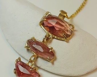 RESERVED FOR KITTY,Triple  Tourmaline Solid Gold Pendant, 16 Ct Blush Tourmaline 14 kt gold  Long Pendant, Tourmaline Jewelry