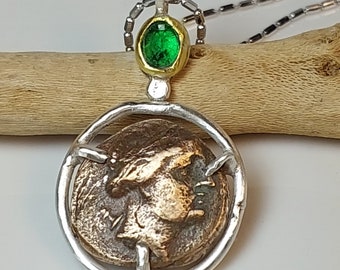 Ancient Greek Coin Pendant ,Silver, 22 kt gold and Tsavorite  Authentic Roman Coin Necklace