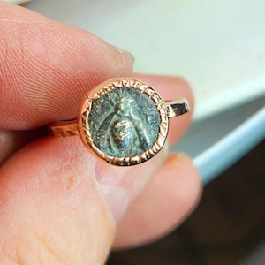 Ancient Greek Coin Statement Ring, solid 14 kt rose gold ancient Ephesus Bee coin ring  ,14 kt gold ring,