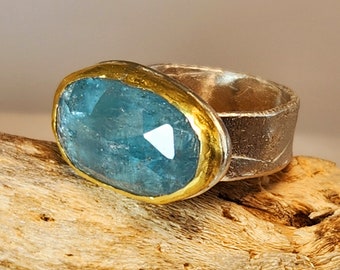 Aqua Kyanite Solitaire Ring,  22 kt Gold and Silver Gemstone Statement Ring , Blue Gemstone Ring