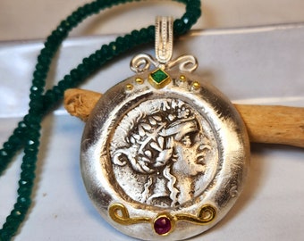 Ancient Silver  Greek Coin Pendant,   Heavy silver, gold, Emerald and Ruby Necklace, Ancient coin Jewelry