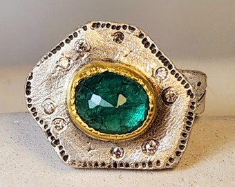 RESERVED FOR A,Emerald and Diamond Statement Ring, Silver, 22 kt Gold,Emerald and Diamond Multistone Ring, May Birthstone Ring