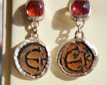 Ancient coin Earrings, Pink Tourmaline and  Byzantine Coin  Dangles, Silver, Tourmaline and  Coin Drop Earrings