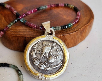 Athena Owl Pendant, Ancient Greek coin Statement necklace , Authentic coin, tourmaline, Silver and 22  gold, Ancient coin jewelry
