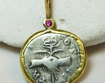 Ancient Roman Coin Pendant,  22 kt Gold , Ruby and Roman Coin Necklace , Peace coin Necklace, Ancient Coin Jewelry