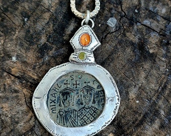 Ancient Byzantine Coin Pendant, Large authentic  Coin and  Sapphire Pendant  ,Hand made Silvere and Gem Pendant