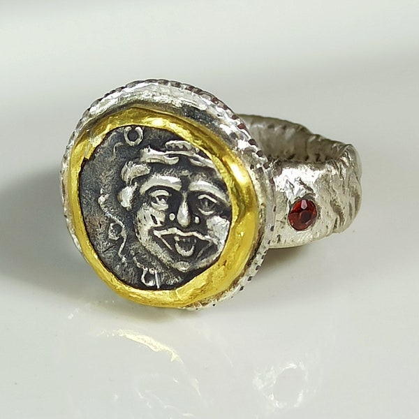 RESERVED FOR FIZZ, Greek Coin Statement Ring, Silver, 22 kt gold, Sapphire Ancient Coin Ring, Gorgon Ring, Ancient Coin Jewelry