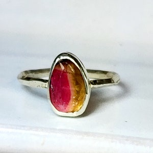14 kt Solid Gold Watermelon Tourmaline Solitaire Ring,  14 kt White Gold  Stacking ring,  Delicate Gemstone Ring