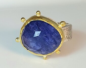 Tanzanite Statement Ring, Solitaire Ring,  22 kt yellow  gold , silver and 14 carat tanzanite ring ring, Tanzanite Jewelry