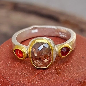 Rose cut diamond and sapphire Multi stone Ring, 22 kt gold, diamond and orange sapphire  Statement ring,