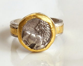 Ancient Greek Coin Ring, 22 kt gold and Silver Statement Ring, Ancient Coin Jewelry, Ancient Lion coin ring, Leo Horoscope ring