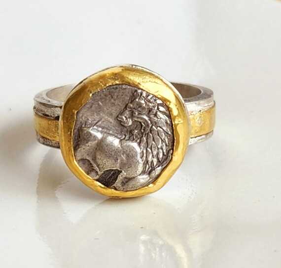 Ancient Greek Coin Ring 22 Kt Gold and Silver Statement Ring