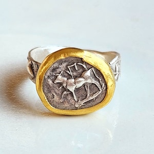 Ancient Greek Coin Ring, Silver, 22 kt gold Coin Ring, ancient coin jewelry