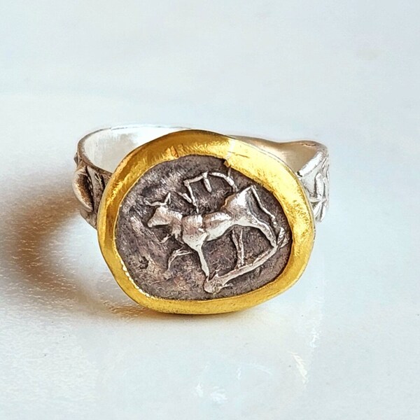 Ancient Greek Coin Ring, Silver, 22 kt gold Coin Ring, ancient coin jewelry