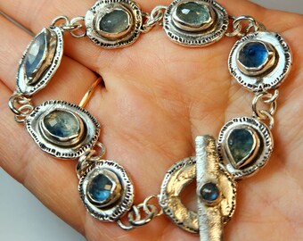 Blue Sapphire link Bracelet, Sterling Silver and Rose Cut Sapphire Bracelet , Chunky Gemstone bracelet, Sapphire Jewelry