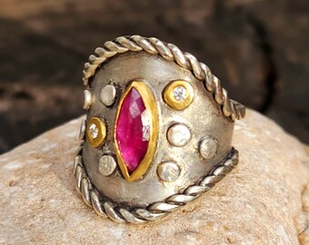 Ruby and Diamond Statement Ring, Silver, 22 kt Gold,Ruby and Diamond Multistone Ring, Gemstone Shield Ring