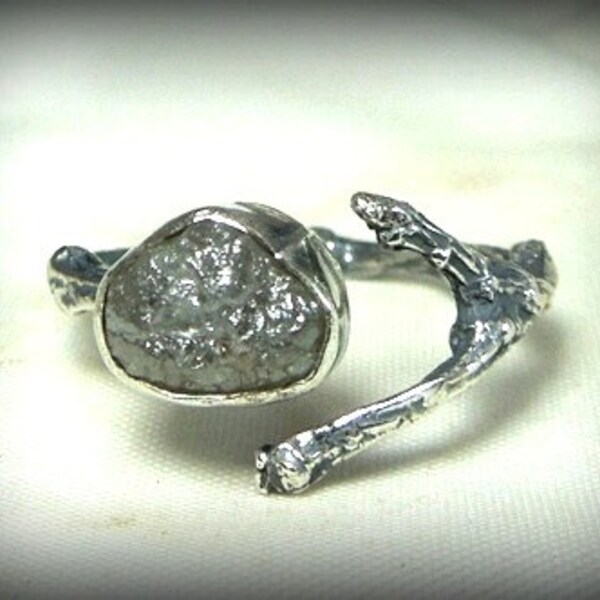 engagement ring, rough diamond twig ring, raw diamond and  silver ring, birthstone ring, nature jewelry