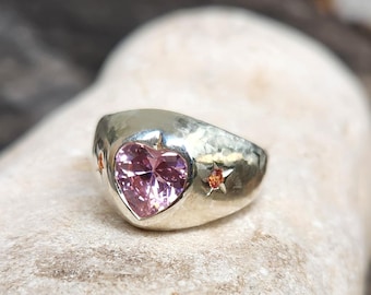 pink Topaz and Sapphire Heart Solitaire Signet Ring