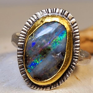 Boulder Opal Solitaire ring,  Large Australian Opal Statement Ring, silver, 22 kt Gold  and Opal ring, Natural Opal ring