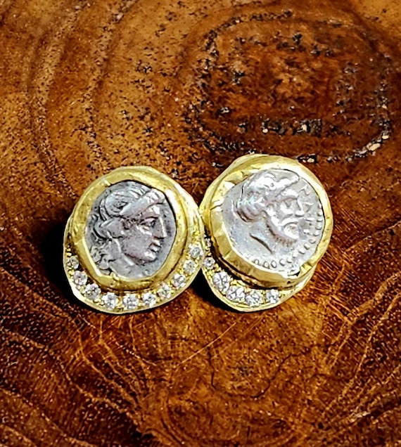 Greek Coin Diamond Studs: 18 kt Gold