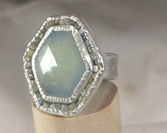 Blue Sapphire Ring , Sapphire and Raw Diamond ring, Statement Ring, multi stone Ring, Rose cut sapphire and diamond ring