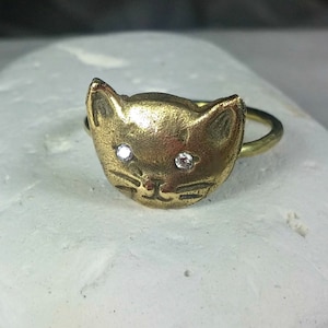 Gold and Diamond Cat Ring, Solid 14 kt gold and diamond kitty ring, animal jewelry, Gold kitty ring, Cat Lovers ring, cat jewelry