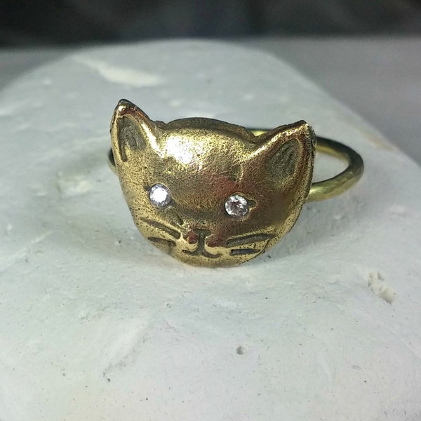 Gold and Diamond Cat Ring, Solid gold and diamond kitty ring, animal jewelry, Gold kitty ring, Cat Lovers ring, cat jewelry