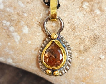 2.65 Carat Rose Cut Diamond  pendant,  Cognac Diamond , Silver and 22 kt gold Necklace, Boho style Diamond Necklace