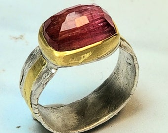 Pink Tourmaline Solitaire Ring, 22 kt Gold, Silver  and 4.8 Carat Pink Tourmaline  Statement Ring, Tourmaline Jewelry