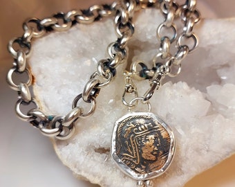 Ancient Greek Coin Pendant, Chunky sterling chain Necklace with large coin pendant, Statement Coin Necklace
