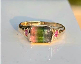 Tri Color Tourmaline and Sapphire Signet Ring: 14kt Solid Gold