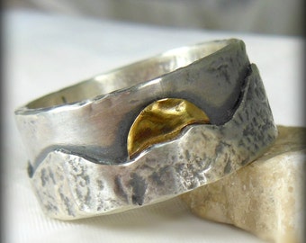 Mountain Ring, Mountain range silver and yellow gold wedding band, Men's Ring, Custom Mountain ring, outdoor wedding