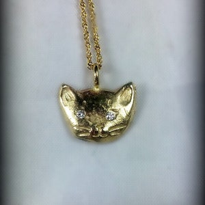 Solid 14 kt yellow gold and diamond cat necklace, gold and Diamond kitty pendant, birthstone necklace image 2