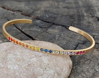 Rainbow Sapphire Solid Gold Cuff  Bracelet, Ombre Shaded Sapphires and 14 k Gold Cuff Sapphire Jewelry